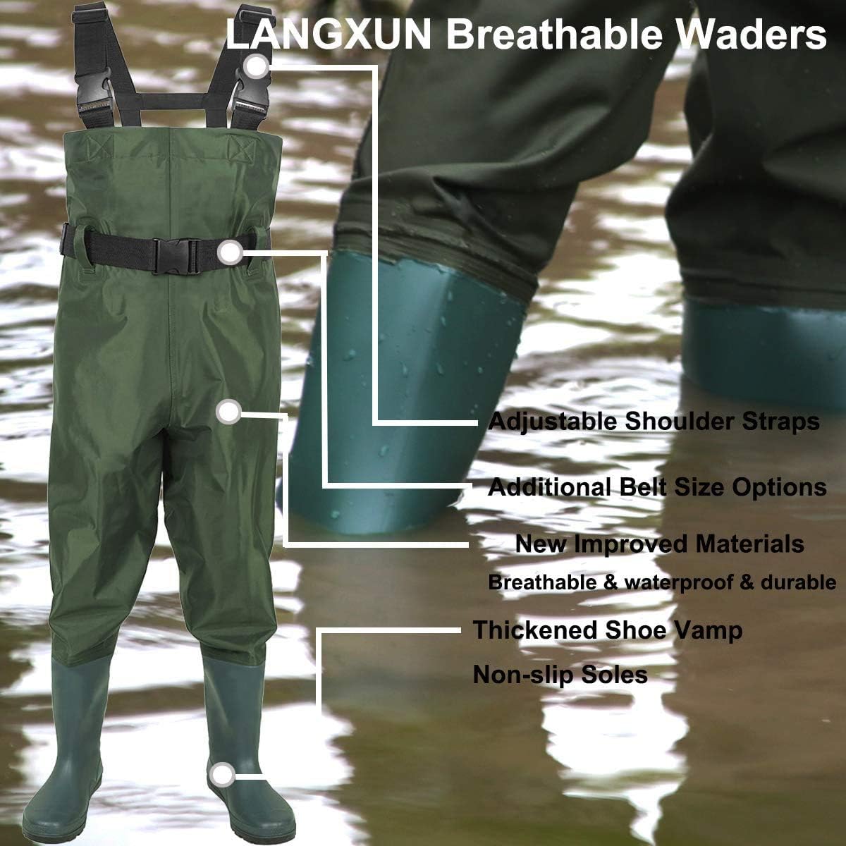 LANGXUN Hip Waders for Kids, Lightweight and Breathable PVC Fishing Waders for Children, Waterproof Bootfoot Waders for Boy and Girl, Army Green Chest Waders for Women : Sports & Outdoors