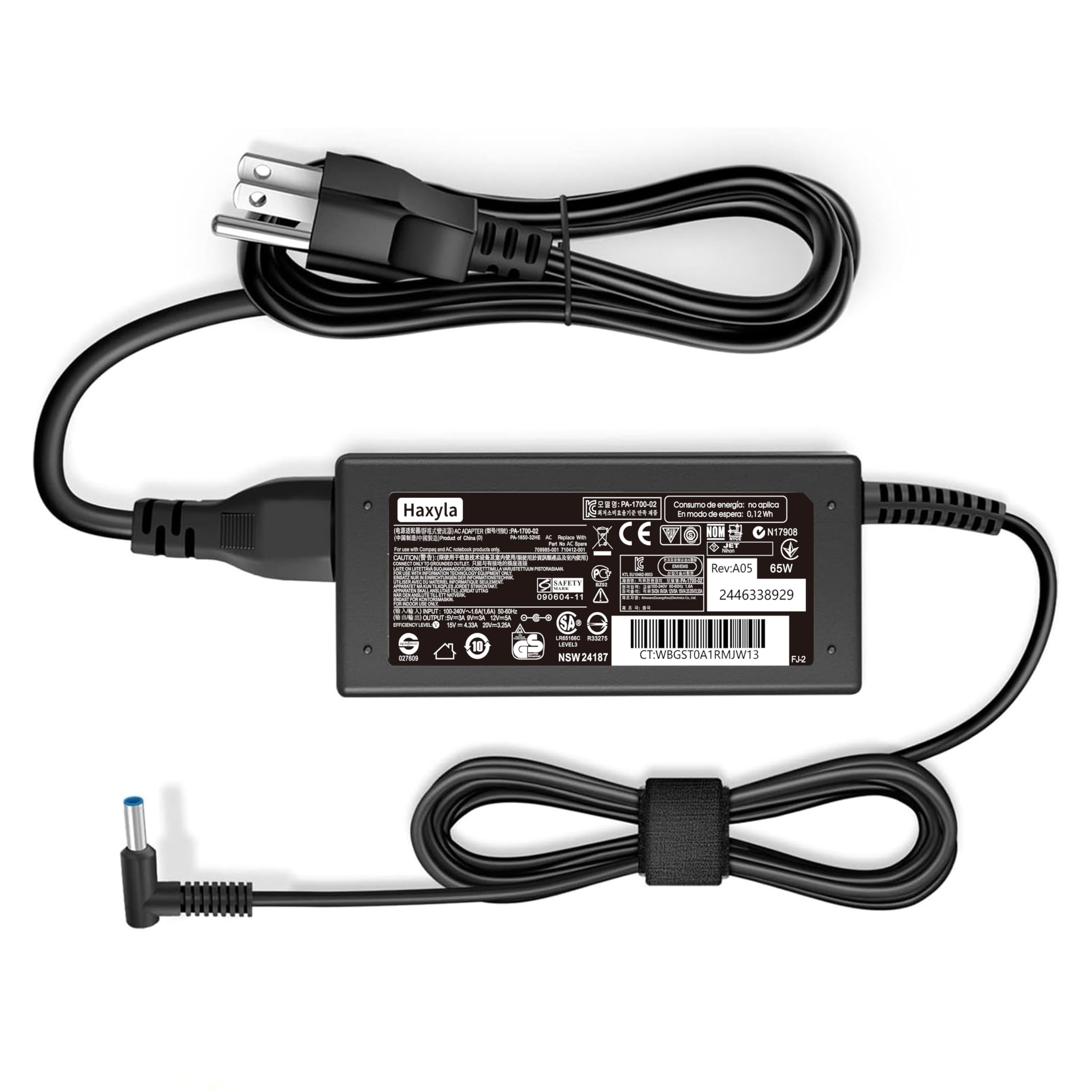 Photo 1 of 65W AC Charger Compatible with HP Elitebook 830 G5 840 G3 G4 G5 850 G3 G4 G5 / ProBook 450 G3 G5 G6 G8 ProBook 446 G3 HP is 13252 TPN-LA16 PPP009A Laptop Power Supply Adapter Cord 4.5 * 3.0mm Blue tip
