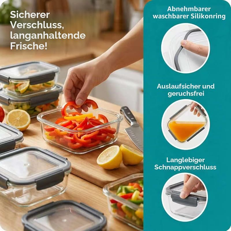 Glasbehälter mit Deckel, 2-teilig Meal Prep Boxen & Frischhaltedosen 2x1040ml aus Borosilikatglas, BPA-frei & luftdicht für Mikrowelle, Gefrierfach & Spülmaschine I Food Storage Container — Foto 5 von 8