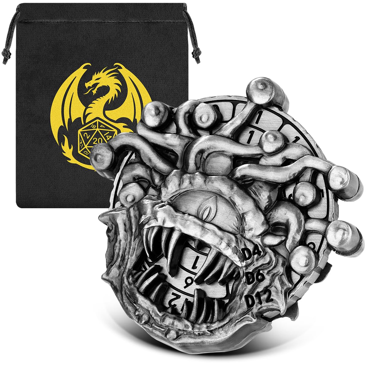 7-in-1 Beholder Fingertip Gyro, DND Wheel Dice Spiner, DND Starter Set, 7-in-1 Metal Dice Set, D&D Gifts with Dragon Logo Gift Bag, Tabletop Games, Role Playing Board Game Accessories, Silver