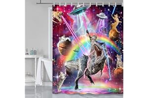 GRTUSPR Funny Cat Shower Curtain for Kids,Cool Cat Riding Dinosaur in Fantasy Galaxy Hilarious Bathtub Curtain, Ridiculous Cats Dino Fight in Funky Outer Space Universe Anime Girls Boys Fabric Restroom Decor