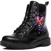 coolcustomize Women's Combat Ankle Boots, Heart Print Fashion Short Booties Rose and Skull Durable Lace-Up Work Boots, Gift For Her Lover