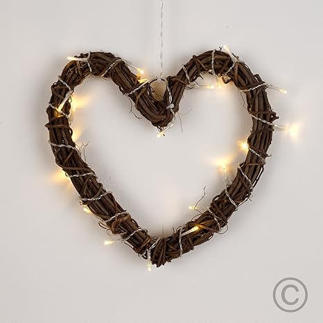 Lampada Da Parete Operata A Batteria Con 20 Led Cuore Di Vimini Nocciola Luci Di Colore Bianco Caldo