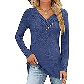 FMEYOA Women's Fall Long Sleeve Tunic Tops for Leggings V Neck Button Casual Blouse Sweatshirt