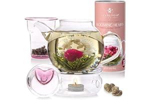 Teabloom Eternal Love Flowering Tea Gift Set - Glass Teapot (36 oz), Heart-Topped Lid, Tea Warmer, Loose Tea Infuser & 12 Heart-Shaped Blooming Teas