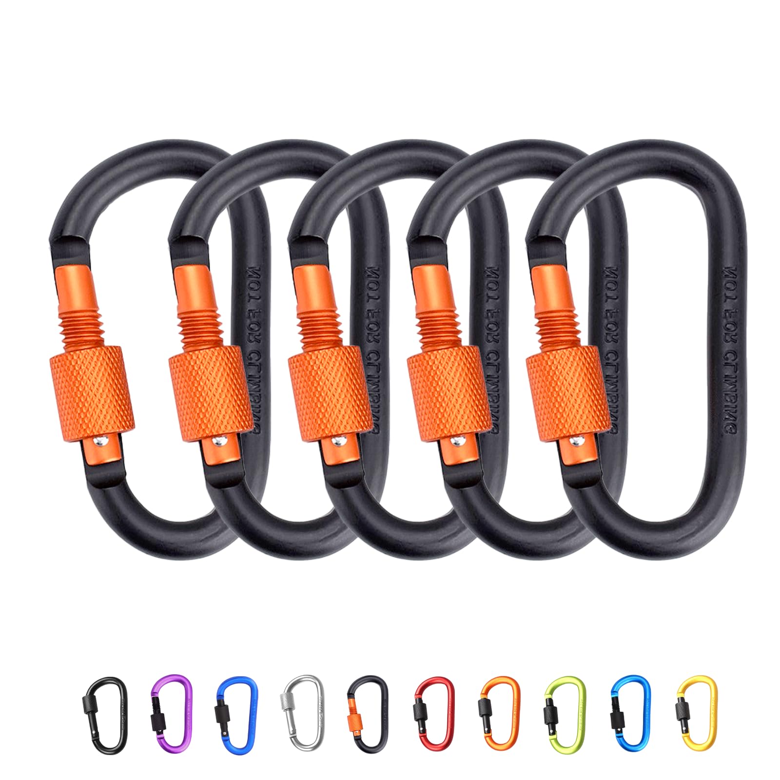 5P Carabiner Clip Locking Carabiner, 7.8cm/3" Black Orange Aluminum Alloy D-Ring Carabiners Key Locking Key Chain Clip Hook for Camping, Hiking, Traveling, Fishing, Backpack Keychains Keyring Outdoor