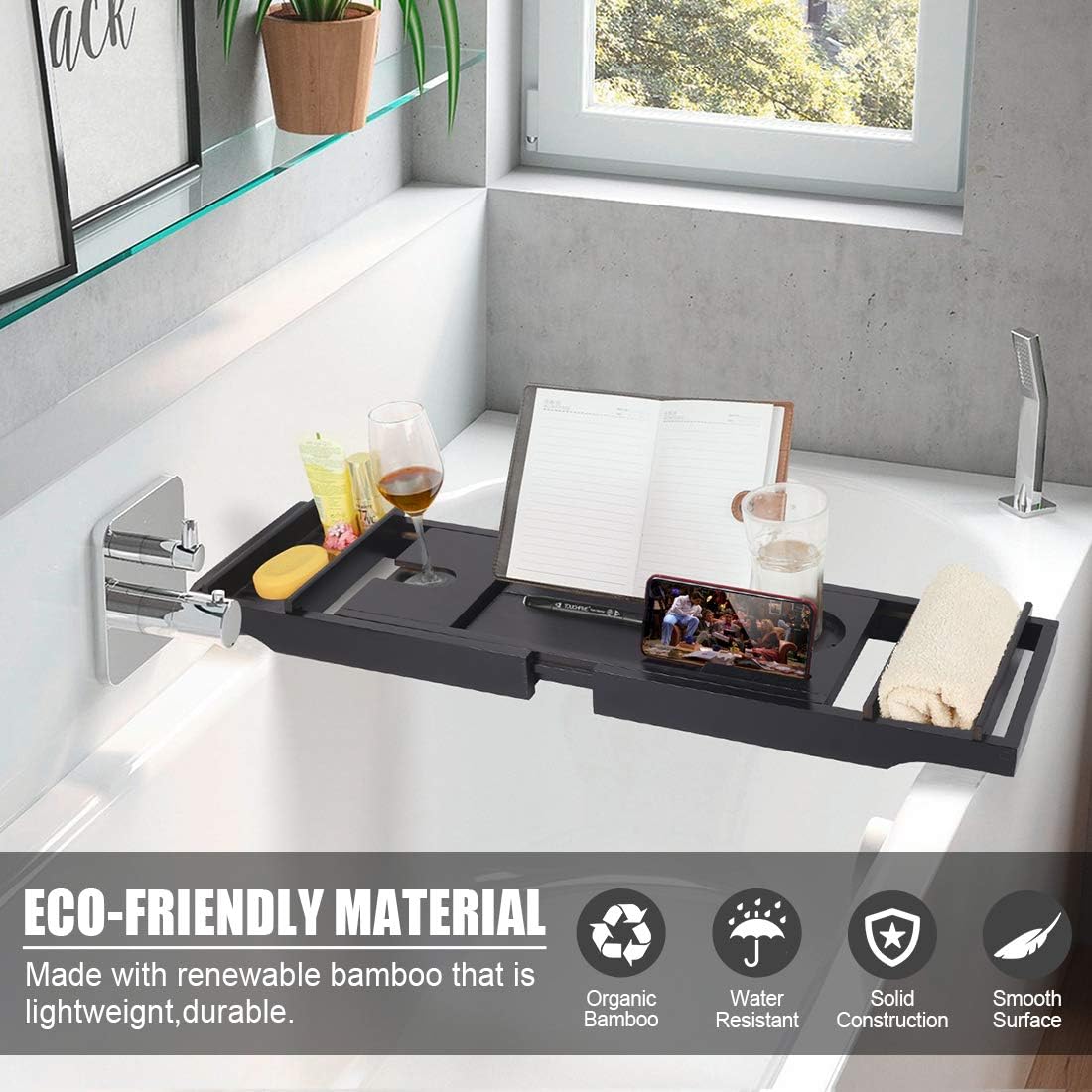 Bamboo Bathtub Caddy Tray Expandable for Luxury Bath,Bath Accessories & Table with Wine Glass Holder,Book Stand Bathroom Organizer with Extending Sides for Men/Women,Free Soap Holder,Black: Kitchen & Dining