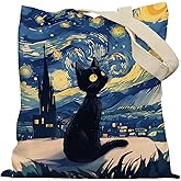 APJYM Starry Night Black Cat Tote Bag, Cat Lover Lady Mom Grandma Gifts Canvas Tote Bags for Women, Whimsical Abstract Black Kitten Reusable Grocery Shopping Bags
