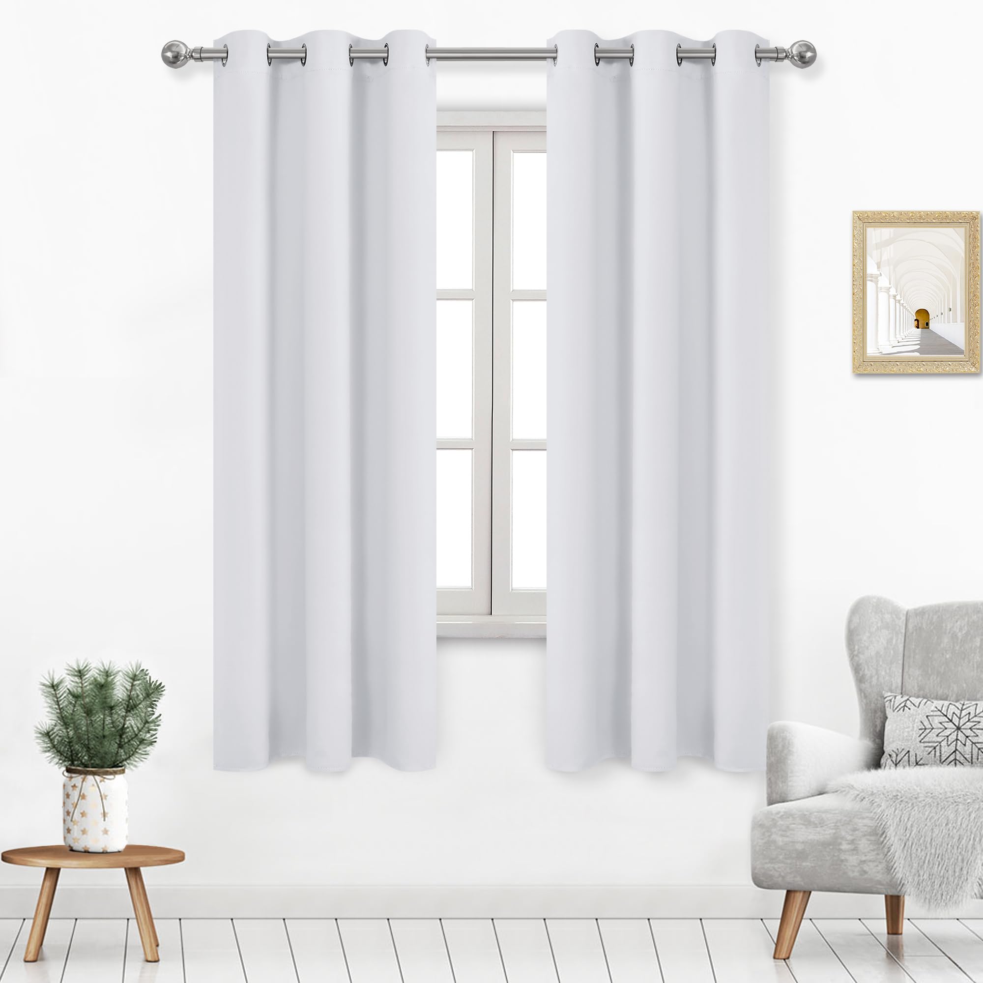 DWCN Room Darkening Curtains for Bedroom, Thermal Spring Drapes for Living Room, Solid Grommet 42 x 72 Inches Length, 2 Greyish White Thick Panel