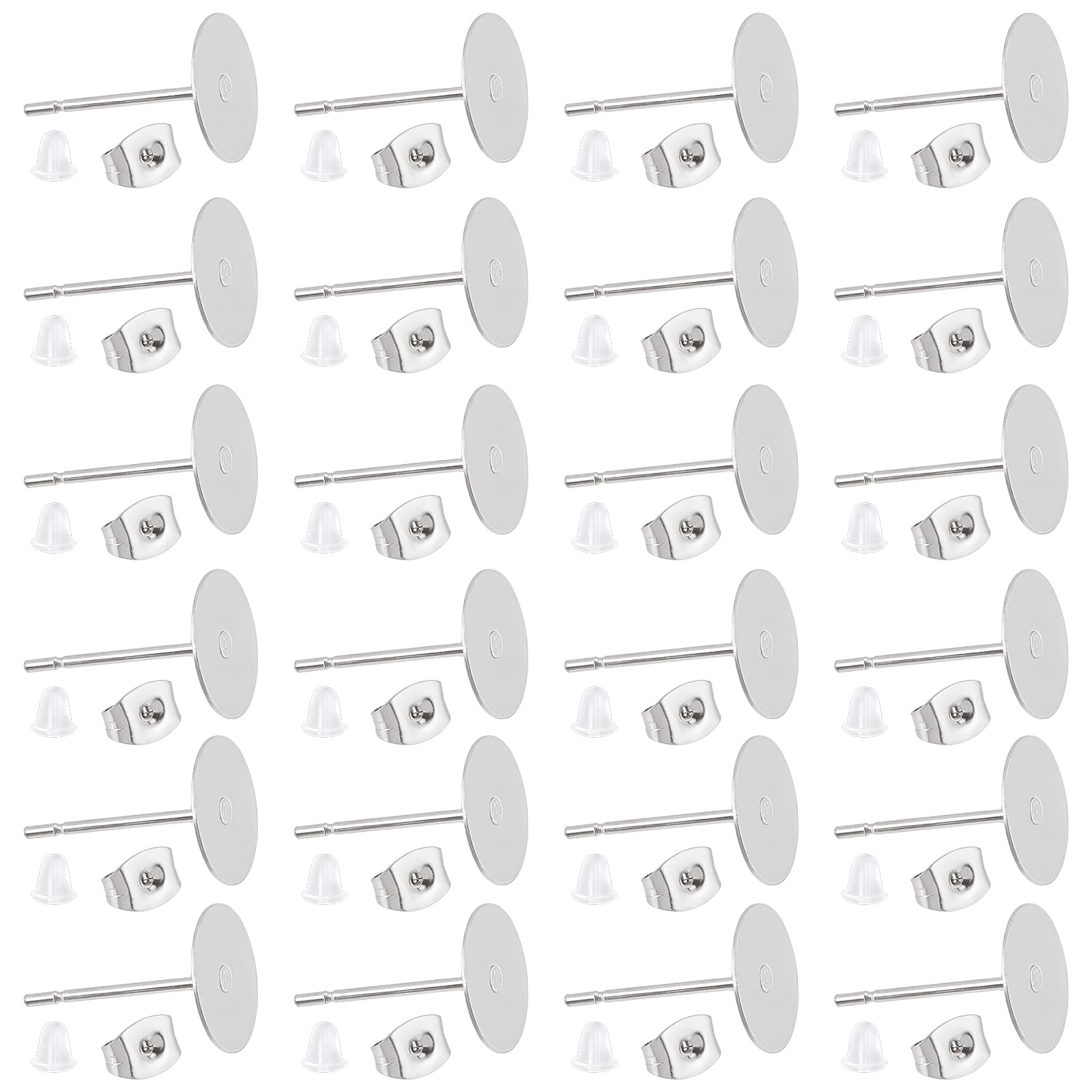 UNICRAFTALE About 300pcs Stud Earring Settings 304 Stainless Steel Flat Pad Earring Post with 200pcs 304 Stainless Steel Ear Nuts and 200pcs Plastic Earring Backs Ear Studs