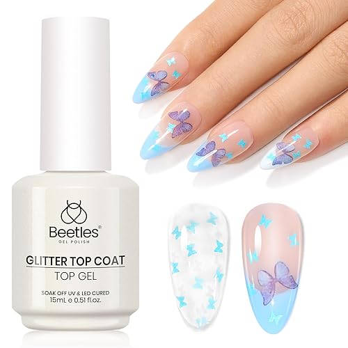 beetles Gel Polish 15ML Gel Top Coat Glitter Top Coat with Blue Butterfly  Shape Sequins Reflective Clear No wipe Soak Off UV Gel Nail Polish Long