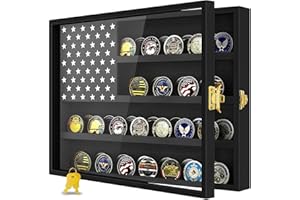 YOPETOX Military Challenge Coin Display Case 16 x 12 in, Wooden American Flag Shadow Box with Anti-Dust UHD Acrylic Door, Gold-Antitheft Lock & Wall Mount, Gift for Collectors (Black Large)