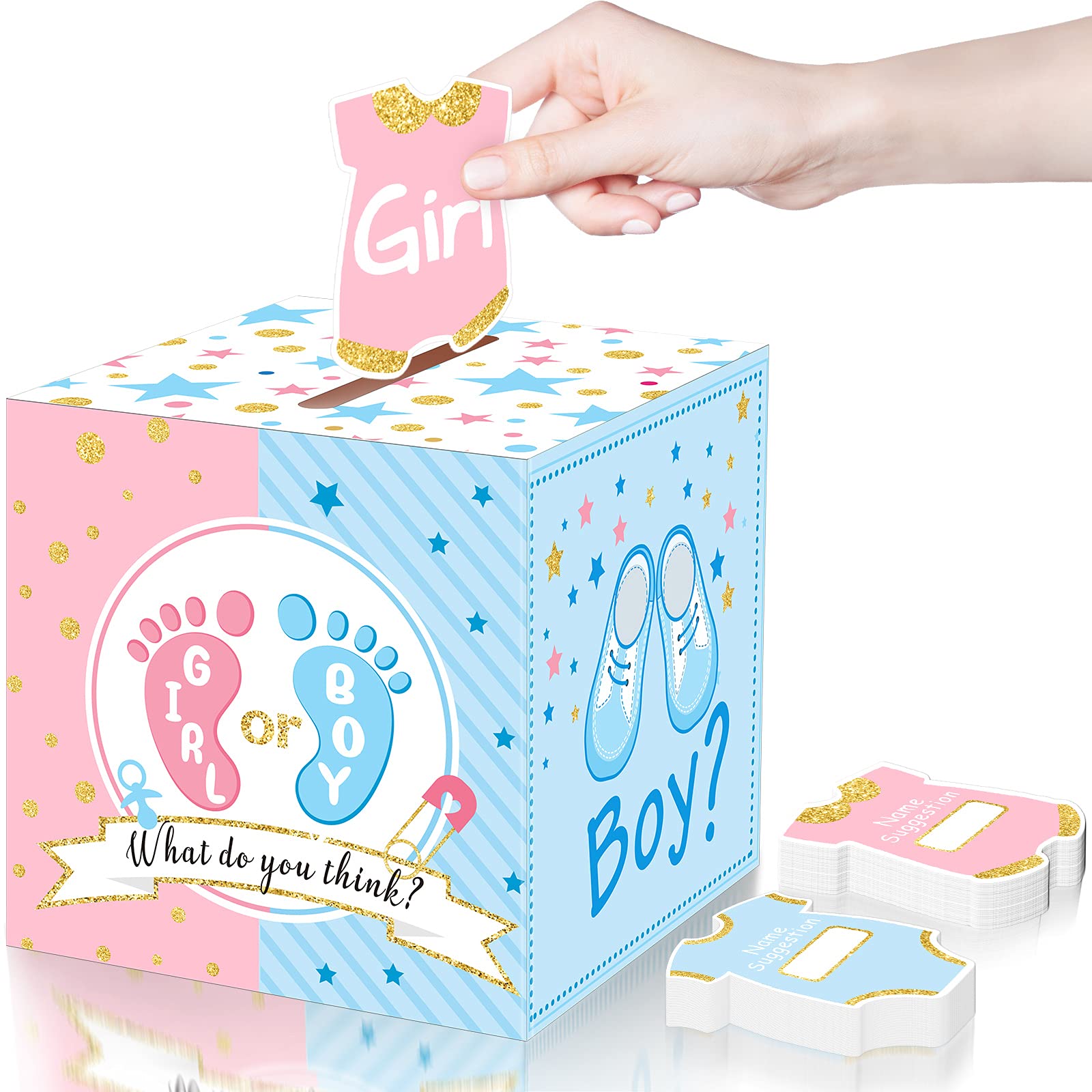 Photo 1 of Saintrygo Baby Gender Reveal Voting Box with 50 Pieces Boy or Girl Ballot Cards Baby Shower Decorations Party Invitations and Voting Games Gender Reveal Party Supplies(Pink, Blue)