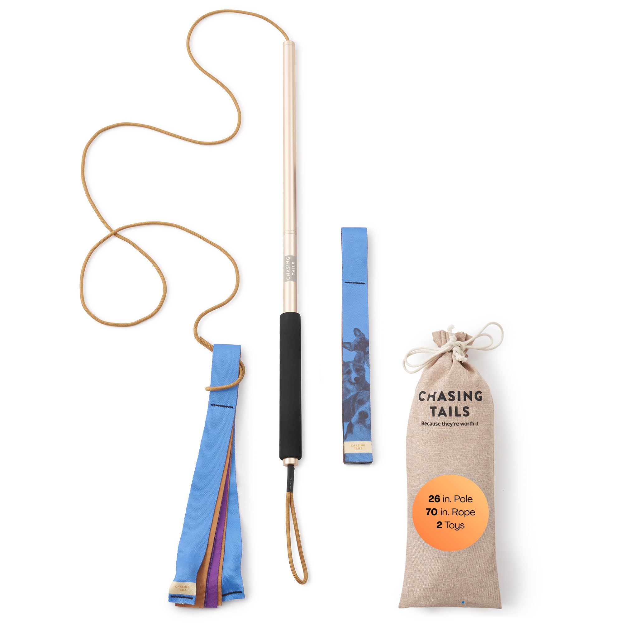 Chasing Tails Flirt Pole for Dogs & Cats - Sturdy Aluminum Flirt Pole for Large Dogs & Small Pets Exercise, Safe Dog & Cat Chase Toy with Adjustable Rope - 2 Pet Chasing Toys Included