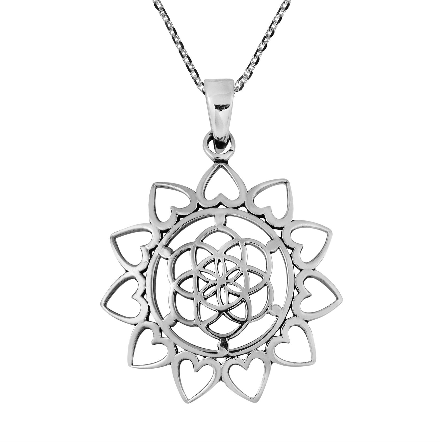 AeraVida Sacred Geometry Lotus Flower of Life Heart .925 Sterling Silver Necklace