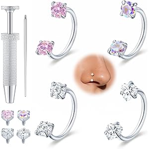 Turandoss 4 Pairs Horseshoe Nose Rings for Women | 20G 18G Double Gem Horseshoe Nose Ring for Women, Surgical Steel Septum Ca