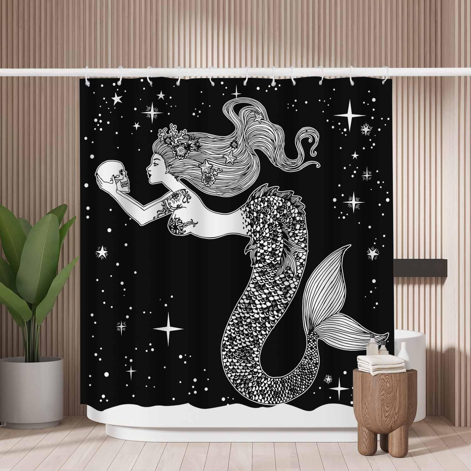Woutay Shower Curtain Mould Proof Resistant Hand Draw Mermaid,Water Repellant Fabric,Polyester,with 12 Plastic Hooks