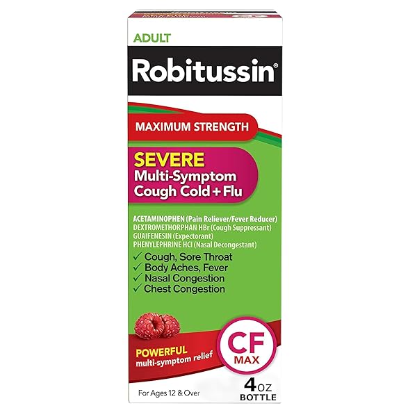 ROBITUSSIN CF MAX, SEVERE MULTI-SYMPTOM RELIEF FROM COUGH, COLD, AND FLU – ADULT FORMULA, 4 FL OZ
