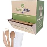 WoodAble - Disposable Wooden Cutlery Flowpack Dispenser | 150 Pieces (50 Individually Wrapped Sets of Fork, Knife and Spoon +