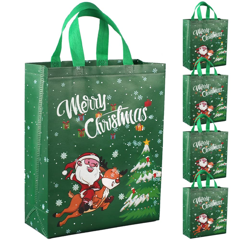 DOJoykey Christmas Tote Bags, 5pcs Green Large Size (30cm L x 12cm W x 40cm H) Gift Bags with Handle for Distributing and Party Decoration — image 1