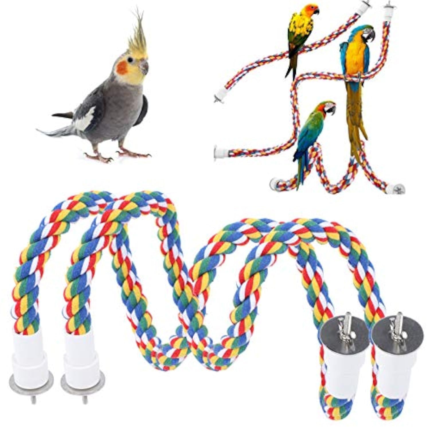 2Pcs Bendable Bird Perch Rope Toy for Parrots Parakeets Cockatiels, Colourful Cotton Climbing Chewing Cage Accessories for Small Birds, 60cm