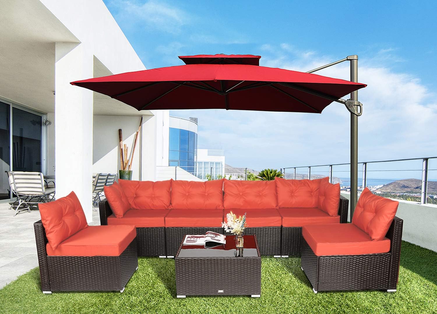 Urest Patio Furniture Sets 7 Pcs Rattan Furniture Chair Wicker Set,Outdoor Indoor Use Backyard Porch Garden Poolside Balcony Furniture in Brown and Orange