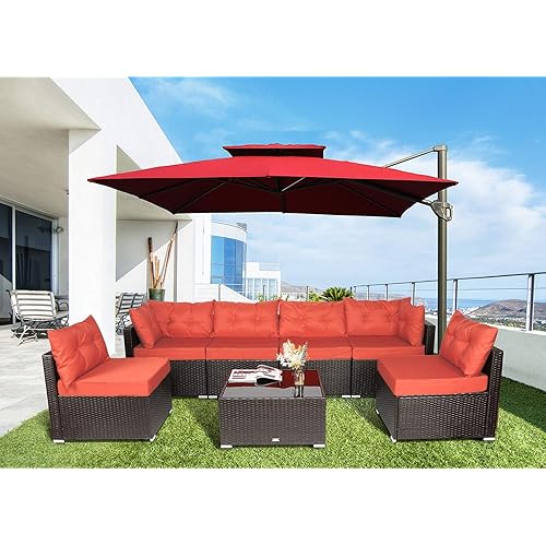 Allewie Patio Sofa Set,7 Pcs Outdoor Furniture Sectional All-Weather Wicker Rattan Sofa with Back Green Cushions, Garden Lawn Pool Backyard Outdoor Sofa Conversation Set