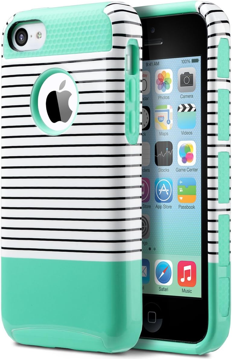 ULAK iPhone 5c Case, iPhone 5c Case Hybrid Shockproof Hard PC + Soft Silicone Protective Case Cover For Apple iPhone 5c (Minimal Stripes Mint)