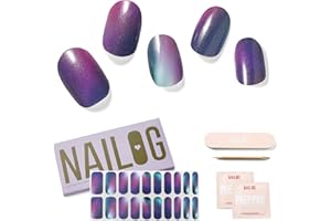 Semi Cured Gel Nail Strips, NAILOG 20pcs Long Lasting Nail Stickers Work with Any UV Light, Wraps with Glossy Gel Finishing for Women Girls Kids DIY Gift│Aurora