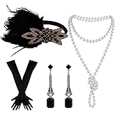GAFATORY 1920s Flapper Accessories for Women Roaring 20s Great Gatsby Costume Accessories Flapper Headpiece Pearl Necklace Earrings Gloves for Halloween Party Cosplay