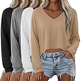 Oakgarden 4 Pack Oversized Cropped T Shirts for Women V Neck Long Sleeve Crop Tops Loose Casual Basic Tees Irregular Hem(Khaki, White, Light Heather Gray, Black,X-Large)