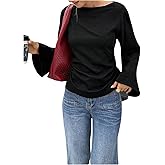 Floerns Women's Elegant Bell Sleeve Blouse Tops Tie Back Boat Neck Dressy Casual Shirts