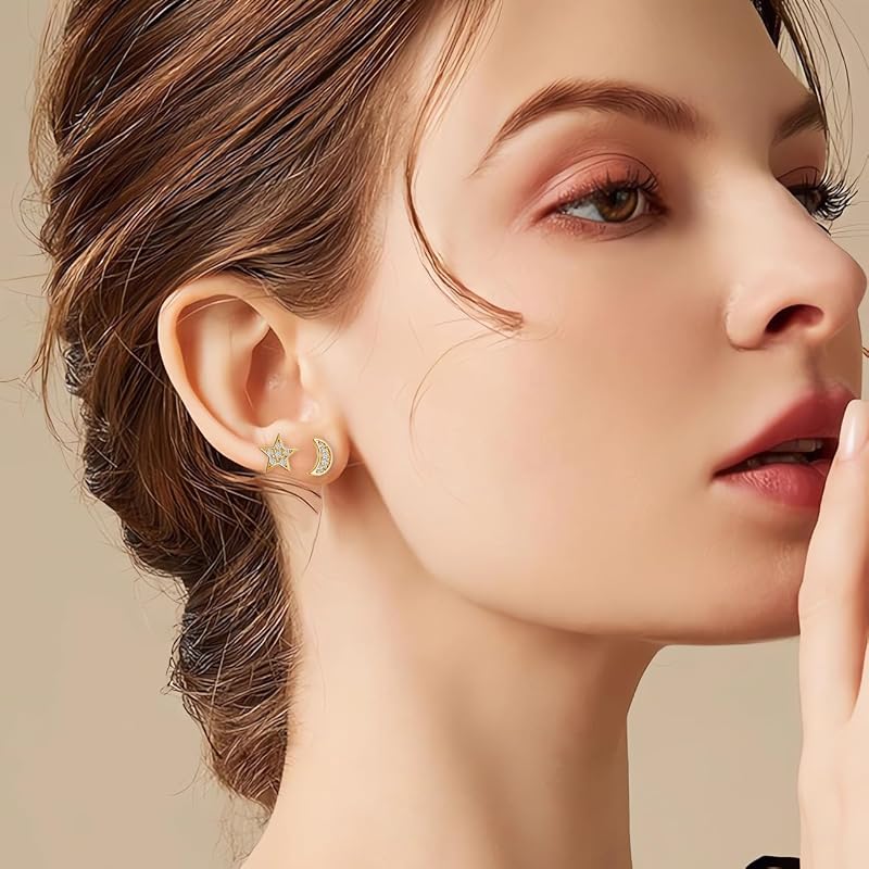 Brincos de prata para mulheres, prata esterlina 925, hipoalergénicos, em forma de coração, estrela, lua, com zircónia, brincos modernos de cartilagem de 8mm com caixa de presente — foto 5 de 7