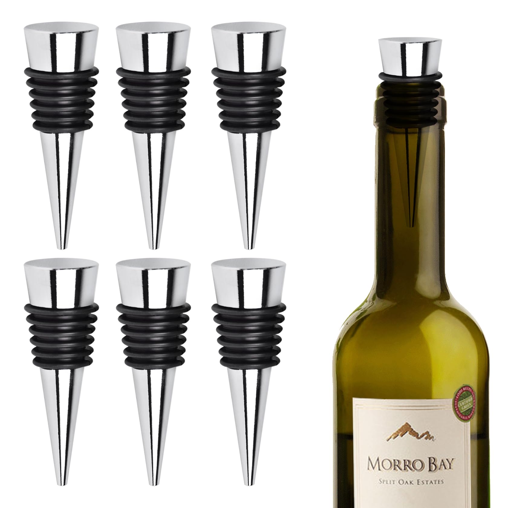 FBBULES 6 Pcs Bottle Stoppers, Reusable Wine Saver Sealer Corks for Wine Champagne Prosecco Beer Collection, Silver Flat
