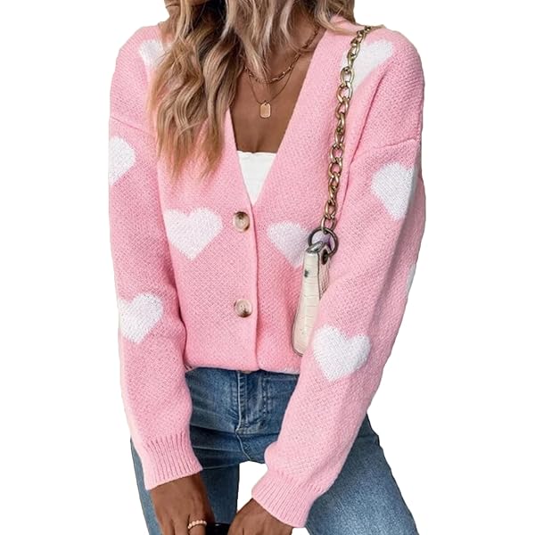 Women Heart Cardigan Sweater Long Sleeve Button Down Open