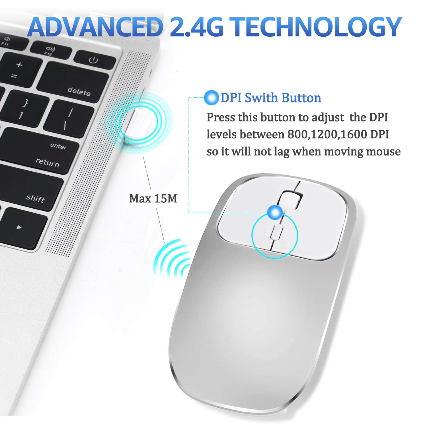Wireless Mouse Laptop USB Type C Wireless Mouse Rechargeable 2.4GHZ Wireless Mouse Portable Slim Noiseless Click for Computer Windows 7/8/10/Vista/XP/MacBook,1600 DPI Mouse, Energy Saving (Silver)