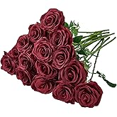 Carlita‘s Blooms 15pcs Artificial Rose Flowers Long Stem Burgundy Fake Silk Roses for DIY Wedding Bouquet Table Centerpiece Home Decor (VASE is NOT Included)
