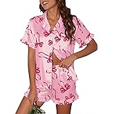 Ekouaer Satin Pajama Set for Women Button Down Silk 2 Piece Pj Sets Ruffle Short Sleeve Sleepwear