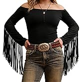 Women Western Cowgirl Fringe Tops,Off The Shoulder Stretchy Fall Long Sleeve for Country Concert Outfit