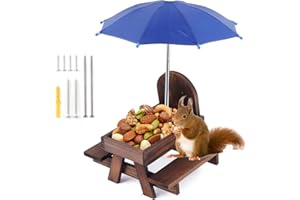 Owfeel Squirrel Feeder Table with Umbrella, Wooden Squirrel Picnic Table, Durable Squirrel Feeder with Corn Cob Holder for Garden Trees Forest House (Brown)