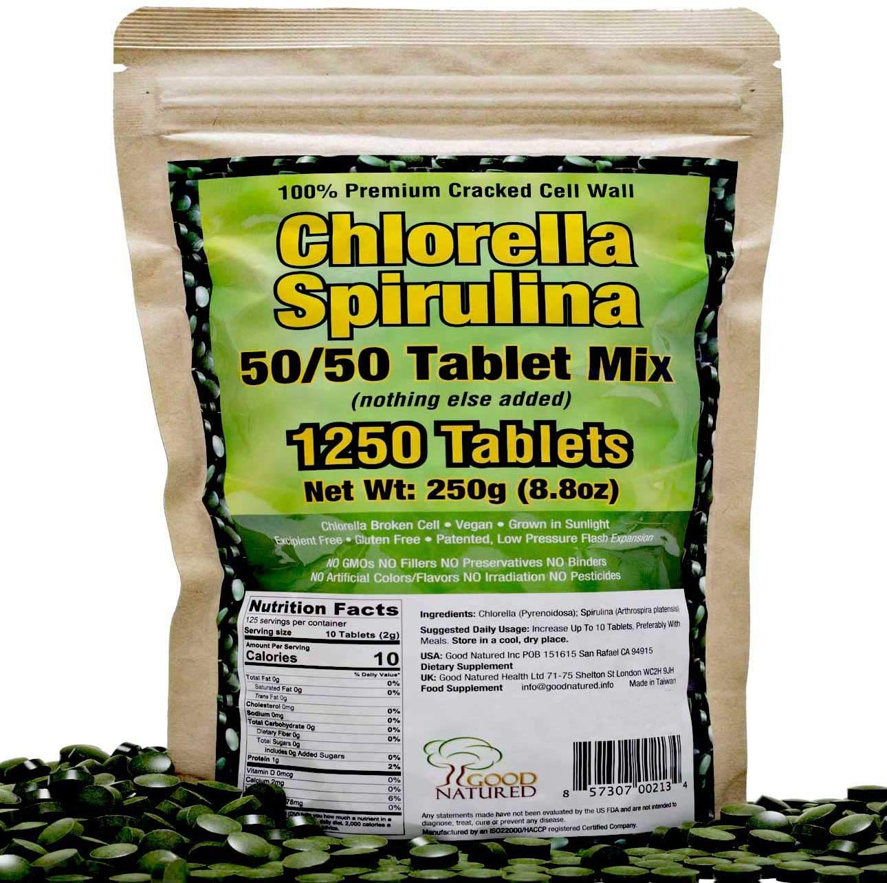 Premium Chlorella Spirulina 1,250 TABLETS (4 Months Supply) NONGMO