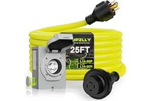 Campzlly 30 Amp Generator Cord 25FT and Power Inlet Box, NEMA L14-30P/L14-30R 125/250V Twist Lock Connector with Pre-Drilled NEMA L14-30P Generator Inlet Box for Generator to House, ETL Listed