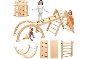 PairPear 7 in 1 Foldable Pikler Triangle Climbing Set, Large Wooden Indoor Jungle Gym with Rocker Arch, Ramp & Slide for Toddlers 18 Months+