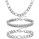 Aospkle 3PCS Figaro Necklace Bracelet Cuban Bracelet for Men, Silver Gold Black Sturdy 316L Stainless Steel Cuban Link Figaro Chain with 2-inch Jewelry Set with Gift Message Card 8mm
