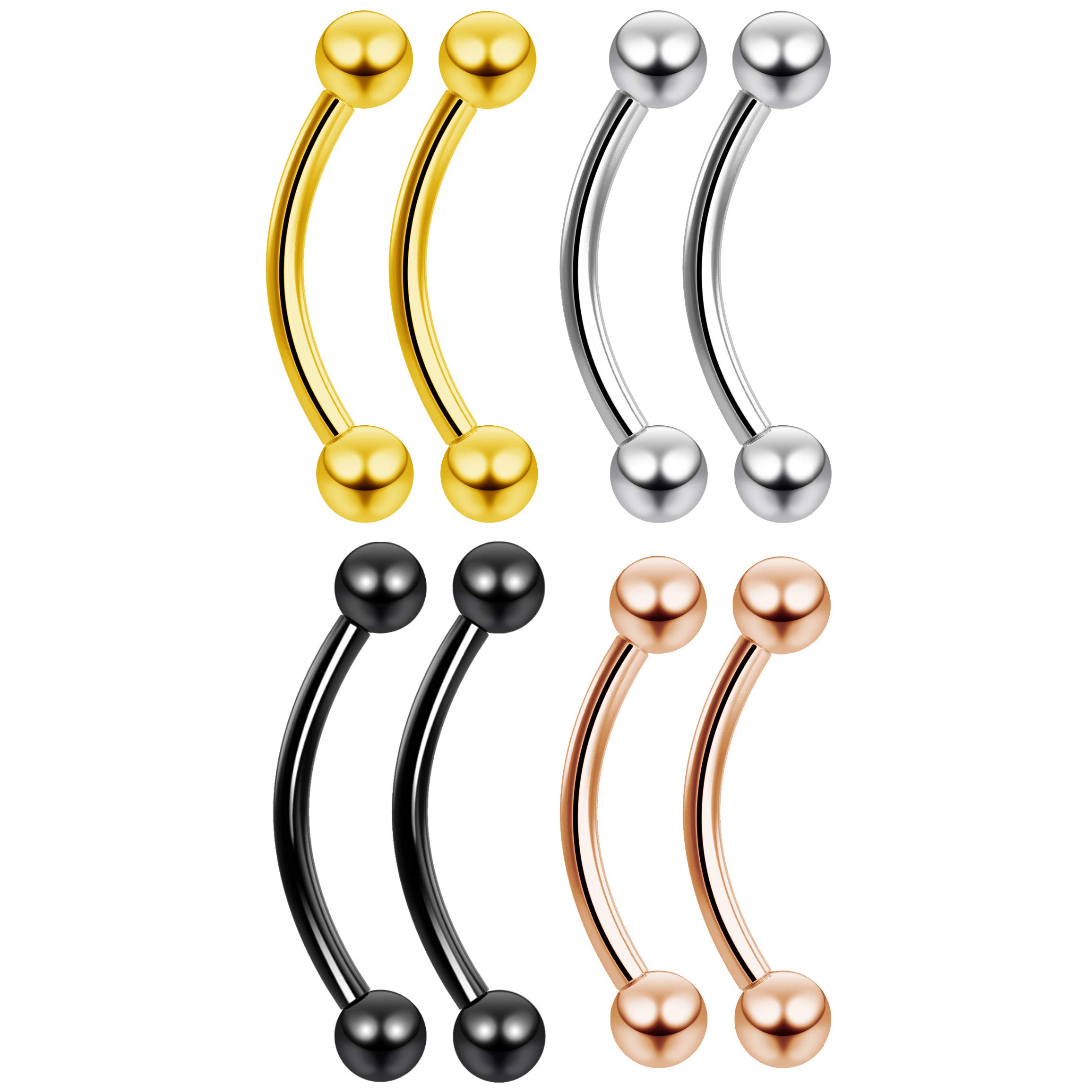 8pc 16g 1.2mm Curved J-Curve Barbell Surgical Stainless Steel Rose Gold Black Pack Lot Bulk Set 10mm Piercing