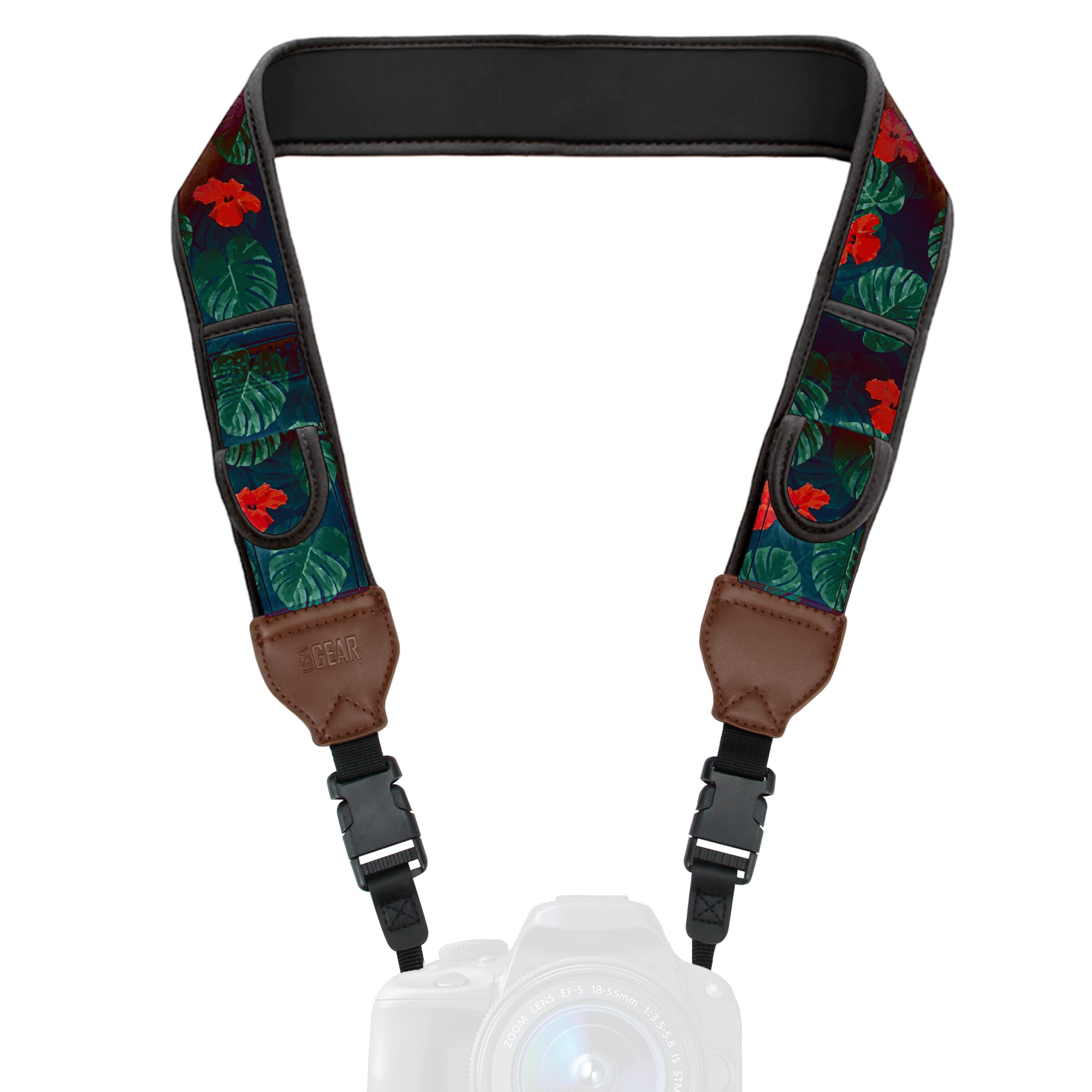 USA Gear TrueSHOT Camera Strap with Tropical Neoprene Pattern, Accessory Pockets and Quick Release Buckles - Compatible with Canon, Fujifilm, Nikon, Sony and More DSLR, Mirrorless Cameras