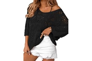 Zeagoo Women's Summer Crochet Off The Shoulder Hollow Out Knit Tops 2025 V Neck 3/4 Sleeve Sweater Top