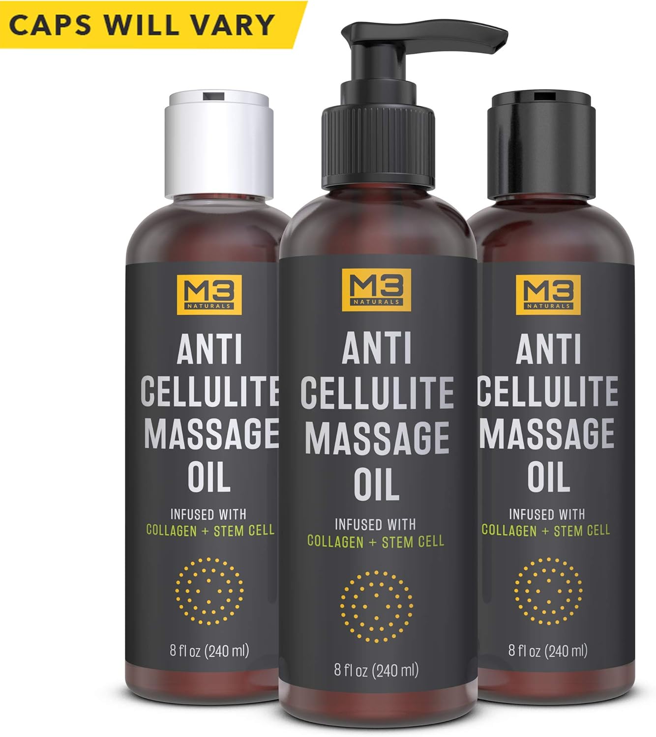 M3 Naturals Anti Cellulite Massage Oil Infused with Collagen and Stem Cell - Natural Lotion - Help Firm, Tighten Skin Tone - Treat Unwanted Fat Tissue, Stretch Marks - Cellulite Removal Cream 8 oz: Health & Personal Care