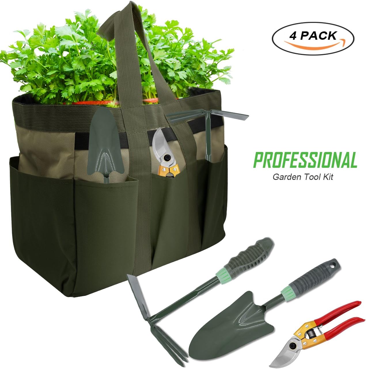 KOONEW Garden Tools Set,Ergonomic Garden Tool Kit Includes Pruning Shear,Trowel,2 in 1 Culti-Hoe with Durable Non-Slip Handle Storage Garden Tote Bag
