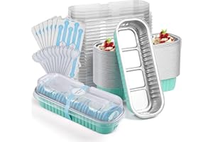 BIGMETA Mini Loaf Pans with Lids and Spoons- 50 Pack 6.8oz Aluminum Bread Cupcake Pie Foil Pans with Sealing Sticker, Rectangle Disposable Cake Tins Brownie Baking Cups for Picnics Party- Sky Blue